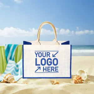 カスタム印刷されたAZO無料染めジュートバッグ、ロゴまたはアートワークプリント折りたたみ式エコフレンドリージュートビーチバッグショッピングプロモーションバッグ