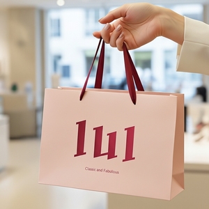 Custom Logo Printed Art Paper Shopping Gift Packaging Bag <b>Ribbon</b> Hand Length Handle Pink <b>Black</b> White for Retail Boutique - Product Image 3