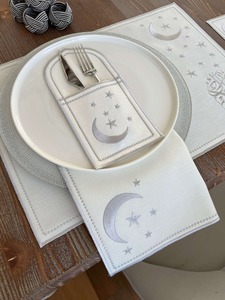 Islamic Ramadan Waterproof Embroidered Placemat Set Gold Embroidery Eco-Friendly Cotton Cutlery Pockets Napkins Accessories for - Product Image 4