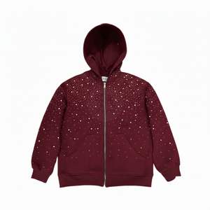Sweat à capuche en coton lourd de haute qualité avec logo personnalisé en strass, fermeture éclair, couleur marron, streetwear personnalisé pour hommes - Product Image 3