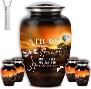 ชุดโกศตกแต่งสีดำแสงจันทร์6ชิ้นสำหรับขี้เถ้าประกอบด้วยโกศขนาดใหญ่1ชิ้นพร้อมของที่ระลึกขนาดเล็ก4ชิ้นและสร้อยคอ1ชิ้นสำหรับขี้เถ้า - Product Image 2