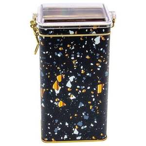 Boîte en métal rectangulaire Kontensan ER0531H 1,3 L avec fermoir à fil 75x100x190 mm Terrazzo Noir avec couvercle transparent pour ustensiles - Product Image 2