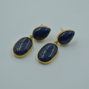 Boucles d'oreilles en laiton plaqué or fait à la main, pierre de lapis semi précieuse, plaqué or 18 carats, bijoux mode pour femmes - Product Image 1