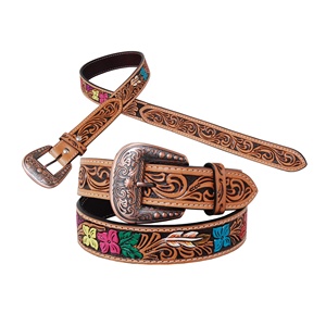 Floral tallado a mano diseño aleación Metal hebilla vaca cuero genuino estilo occidental cinturón vaquero Correa al por mayor fabricante - Product Image 1