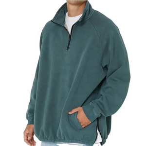 Custom Logo Cotton French Terry Heavyweight Quarter Zip <b>Mock</b> <b>Neck</b> Men's Side Zippers Oversized Sweatshirts Hoodies - Product Image 6