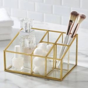 New Brass Glass Pen <b>Holder</b> 4 Compartments Clear Organizer <b>Makeup</b> Brush <b>Holder</b> Gold Plated Metal Handmade Modern Design Home Use - Product Image 6