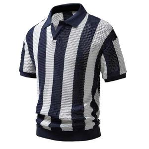 High Quality Men's Polo Shirts knitted Customized LOGO ODM Striped Half Zipper Summer <b>Short</b> <b>Sleeved</b> Turn Down Collar Shirts - Product Image 2