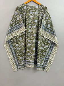 Caftán de algodón verde hecho a mano para mujer, hermosa casa con estampado de hojas, Vestido largo de Playa para fiestas naturales - Product Image 5