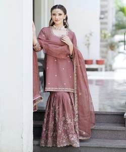 Trendy Linen Office Wear Kurti Sharara Set avec broderie sophistiquée et patte de boutonnage pour un style avant-gardiste. - Product Image 1