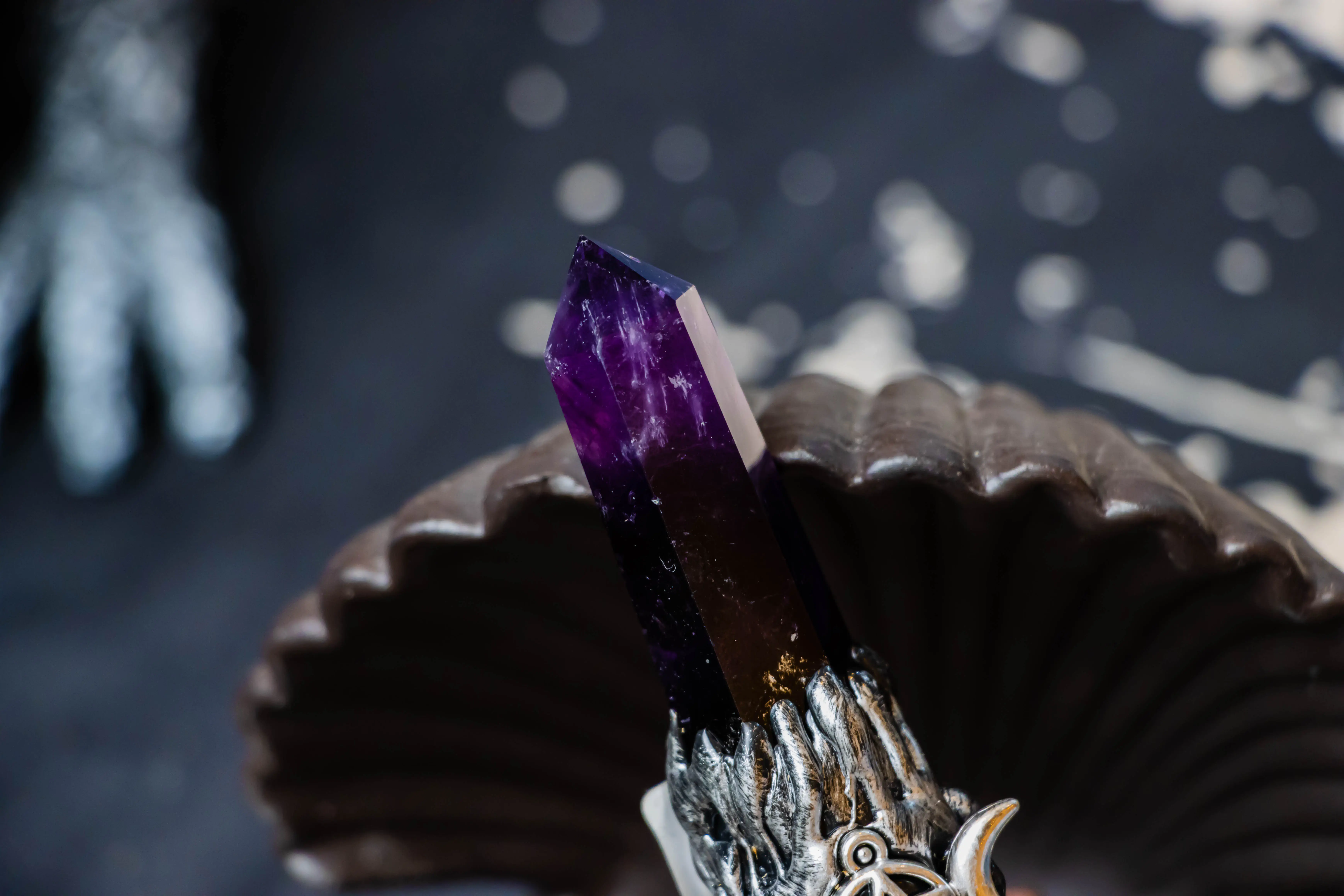 Cristal décoré sorcellerie améthyste argent Triple lune alliage balai magique à vendre