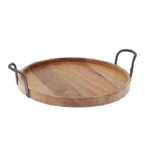 Bandeja decorativa y de servicio de forma redonda de madera de primera calidad 100% con mango de metal para uso doméstico en hoteles y restaurantes a precios bajos - Product Image 1