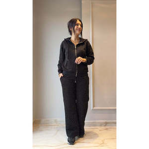 Women'<b>s</b> Long-Sleeve Hooded Zip-Up <b>Blouse</b> <b>and</b> Sweatpants Set, Embellished Front Zipper, Viscose Two-Thread Fabric, 30870 - Black - Product Image 2
