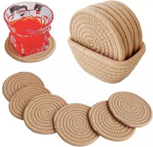 Posavasos redondos bohemios hechos a mano, algodón tejido con jacinto de agua, absorbente, ecológico con cesta de almacenamiento, alfombrillas y almohadillas - Product Image 1