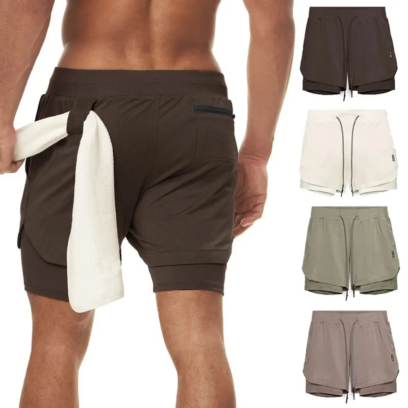 Celana pendek olahraga pria, baju Fitness Gym latihan binaraga pantai cepat kering 2 dalam 1 bernafas disesuaikan