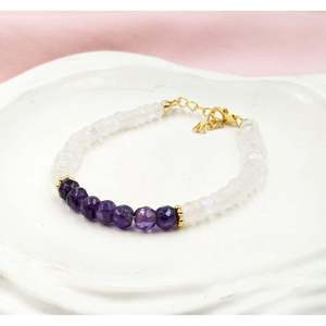 Rainbow Moonstone & Amethyst Beaded Bracelet Gold Plating <b>Charm</b> Ball-shaped Religious <b>Bangles</b> Featuring Pearl Main Stone Gift - Product Image 1