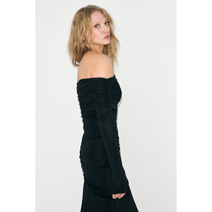GRIMELANGE BRILLANTE Robe longue à manches longues pour femme, à épaules dénudées, à ourlet ouvert, à double couche, avec détails en maille et fronces - Product Image 6