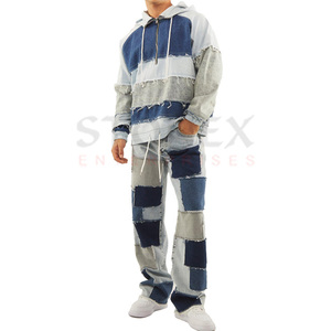 Ensemble deux pièces de jeans personnalisés Ensemble veste en jean à impression délavée Ensembles de jeans bleus pour hommes - Product Image 1