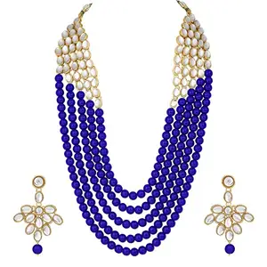 JMC 18K Gold Plated 5 Layer Faux Mother-of-pearl and Kundan Rani Haar Necklace Jewellery Set with Earrings for Women