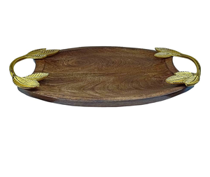 Best-seller Plateau de service en bois avec poignées en métal Design feuille Dessert Petit-déjeuner Plateau de service en bois Style indien - Product Image 5