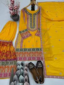 NOUVEAU DESIGNER - ENSEMBLE DE ROBE TRADITIONNELLE PAKISTANAISE LUXUEUSE (SHARARA) AVEC TOP EN SOIE CHIFFON, PANTALON PLAZZO ET DUPATTA POUR MARIAGE - Séchage rapide, toutes saisons - Product Image 3