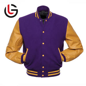 Veste d'université étudiante de haute qualité pour hommes décontracté Letterman violet corps en laine véritable et manches en cuir Beige Tan col montant - Product Image 1