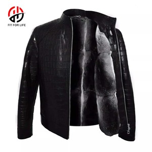 Veste en cuir PU noir gaufré pour homme Fit For Life avec doublure en fausse fourrure, col montant, fermeture éclair, style motard, manteau d'hiver - Product Image 1