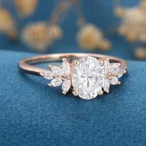 แหวนหมั้นเพชรมอยซาไนต์ทรงรีสไตล์วินเทจ10K/14K/18K ทองไม่ซ้ำใครออกแบบกลุ่มดอกไม้เครื่องประดับงานแต่งงานและครบรอบ - Product Image 6