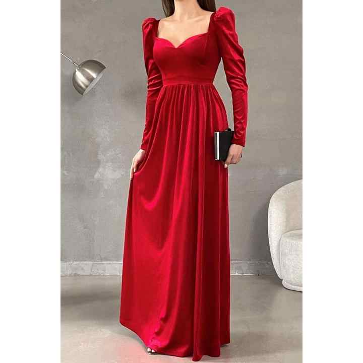 Sweetheart Neckline Flared Velvet Long Dress Red