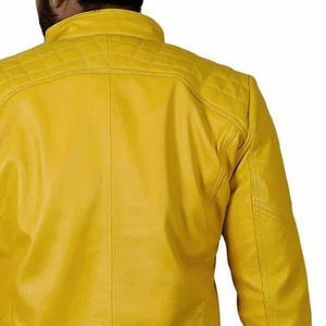 Chaqueta de motorista con cremallera completa de piel de oveja para hombre, chaqueta de bombardero de cuero amarillo suave para hombre - Product Image 5