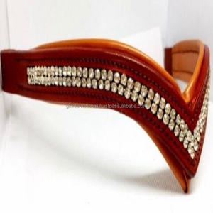 Banda para la frente de caballo de cuero de alta calidad de grano superior Banda para la frente de color tostado en forma de V con cadena de cristal blanco decorativo - Product Image 4