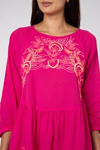 Handmade Designer Summer <b>Dress</b> Boho Print Three Quarter <b>Sleeves</b> Mini Length Button Decoration Woven Natural Sustainable Washable - Product Image 3