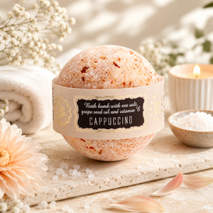 Aceite de Semillas de Uva con Vitamina E, Baño de Lujo Orgánico Hidratante para Cappuccino, 145g, Bombilla Efervescente de Sal Marina Hecha a Mano, Fabricada en la UE, Personalizada - Product Image 1