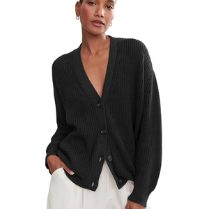 Cardigan en tricot noir classique pour femmes, automne, décontracté, écologique, logo personnalisé, vente en gros, avec boutons, 100% coton - Product Image 1