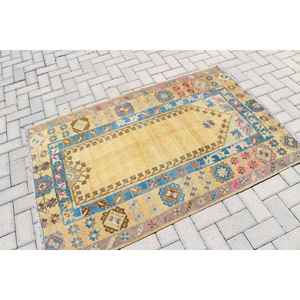 Alfombra Turca Vintage, Alfombra de 3.5x5.4 pies, Alfombra de Lana con Rayas Amarillas y Azules - Product Image 2