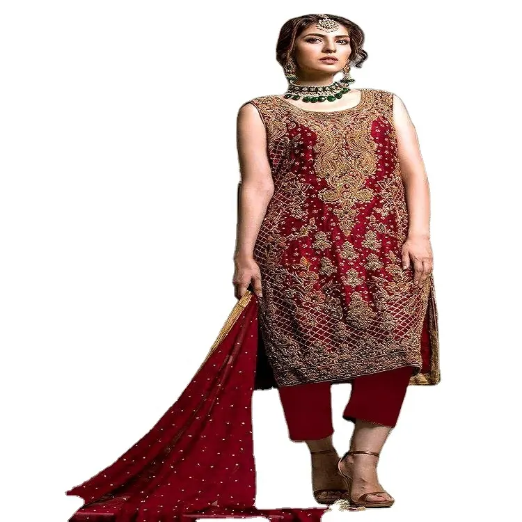 Nuevo diseño bordado rojo Salwar Kameez con Duppata pedido a granel mujeres vestidos paquistaníes venta al por mayor Ropa Étnica tienda en línea India