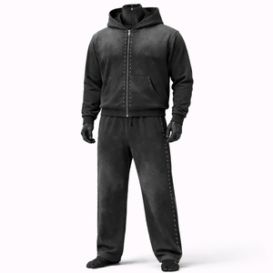 Ensemble de survêtement pour homme en molleton épais noir délavé, style vintage, avec sweat à capuche zippé et pantalon de jogging ample, personnalisable OEM - Product Image 6