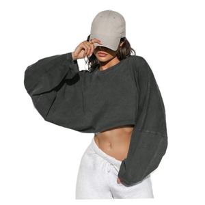 Haute qualité lavage à l'acide Badge coupe ample surdimensionné coton à manches longues haut court De Mujer décontracté sweat à capuche 2024 femmes - Product Image 6