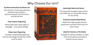 Urna de cremación de árbol de la vida grabada urnas de cremación de recuerdo conmemorativo de madera dura para cenizas de adultos - Product Image 3