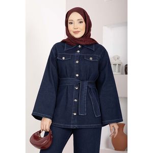 Costume décontracté bleu foncé avec ceinture, veste et pantalon style denim - Product Image 2