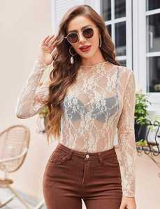 Camiseta de malla de verano con encaje, top de manga larga, camiseta sexy con efecto de perspectiva de color para mujer, top sexy ajustado de manga larga con encaje. - Product Image 3