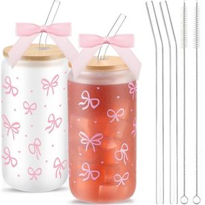 ピンクのリボン付きガラス製タンブラー、竹製の蓋とストロー付き、女の子への可愛いカワイイカップギフト - Product Image 1