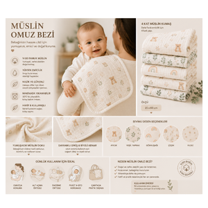 Lingettes à épaules et bavoirs pour bébé Fronte Home 100% coton, 4 couches de mousseline, doux, absorbants, imprimés, pour nouveau-né, 25x60 cm - Product Image 3
