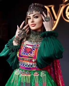 Customised Flared Afghani Women's Dress New Design <b>Fabric</b> Flare Antique Lace Old Coins Embroidery Button Natural for girls - Product Image 4