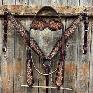 Cabecera de caballo occidental, brida de cuero de vaca hecha a mano duradera con diseño de flores, tachuela de equitación tradicional, Exportación de India - Product Image 2