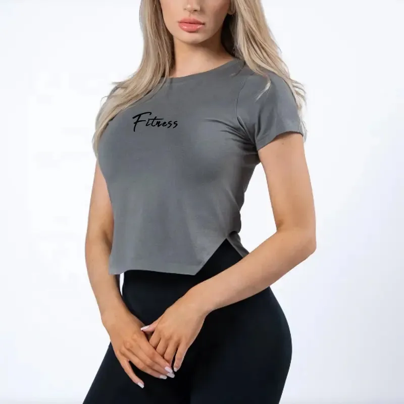 Camisetas de mujer con logotipo personalizado algodón liso o cuello camisetas 100% algodón sexy camisetas lisas al por mayor cuello redondo crop top corte lateral