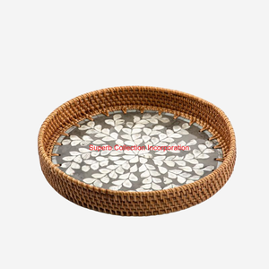 ถาดหวายทรงกลมทำด้วยมือพร้อมฝังมุกถาดสำหรับตกแต่งบ้านและห้องครัว - Product Image 6