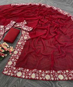 SÉQUENCE DE BRODERIE GEORGETTE ATTRACTANTE AVEC BLOUSE NON COUCHÉE VÊTEMENT DE FÊTE PRIX DE GROS VÊTEMENT ETHNIQUE ROUGE - Product Image 3