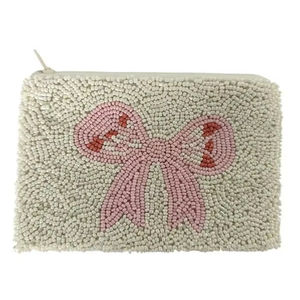 Unique Handmade Embroidery <b>Pink</b> & White Beaded Bow Mini Zipper <b>Bag</b> With Top Trendy Style And Elegant premium design From India - Product Image 1