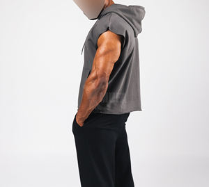 Custom High Quality 100% Cotton Men's Hooded Muscle Training Sweatshirt Cropped <b>Sleeveless</b> <b>Hoodie</b> for Bodybuilding for Winter - Product Image 2
