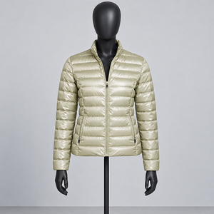 Women's Raw Woven Quilted Jacket <b>Light</b> Beige Full Sleeve Stand Collar Zipper Closure Winter Wear Silk <b>Shell</b> Polyester Wadding - Product Image 1
